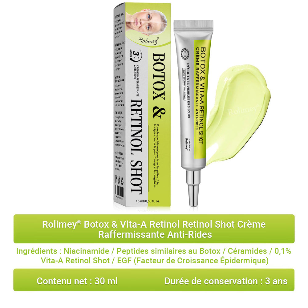 🌟👨‍⚕️ Fabriqué et expédié depuis la France 💫 Crème liftante et raffermissante anti-rides Rolimey® Botox & Vita-A Retinol Shot — Dernier jour de promotion : 70 % DE RÉDUCTION