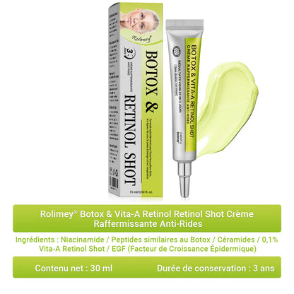 🌟👨‍⚕️ Fabriqué et expédié depuis la France 💫 Crème liftante et raffermissante anti-rides Rolimey® Botox & Vita-A Retinol Shot — Dernier jour de promotion : 70 % DE RÉDUCTION