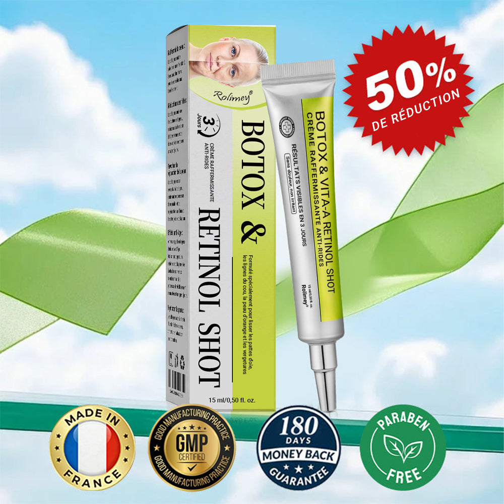 🌟👨‍⚕️ Fabriqué et expédié depuis la France 💫 Crème liftante et raffermissante anti-rides Rolimey® Botox & Vita-A Retinol Shot — Dernier jour de promotion : 70 % DE RÉDUCTION