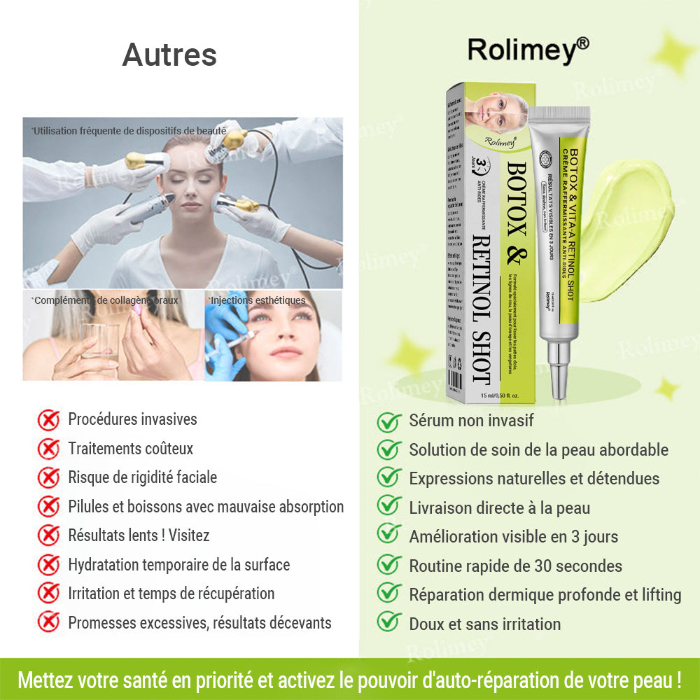 🌟👨‍⚕️ Fabriqué et expédié depuis la France 💫 Crème liftante et raffermissante anti-rides Rolimey® Botox & Vita-A Retinol Shot — Dernier jour de promotion : 70 % DE RÉDUCTION