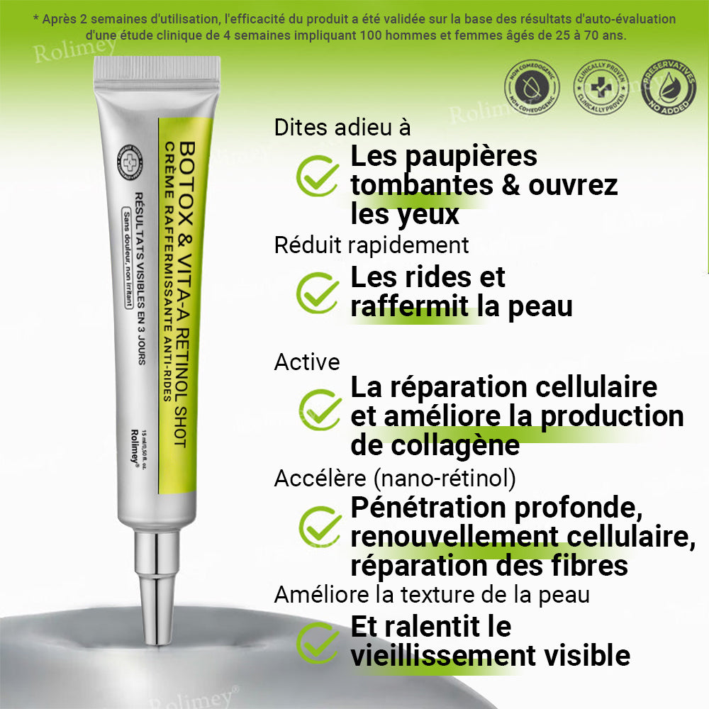 🌟👨‍⚕️ Fabriqué et expédié depuis la France 💫 Crème liftante et raffermissante anti-rides Rolimey® Botox & Vita-A Retinol Shot — Dernier jour de promotion : 70 % DE RÉDUCTION