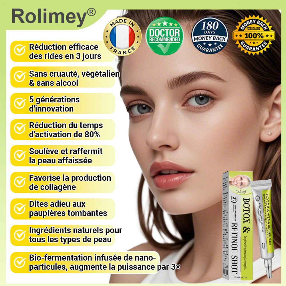 🌟👨‍⚕️ Fabriqué et expédié depuis la France 💫 Crème liftante et raffermissante anti-rides Rolimey® Botox & Vita-A Retinol Shot — Dernier jour de promotion : 70 % DE RÉDUCTION